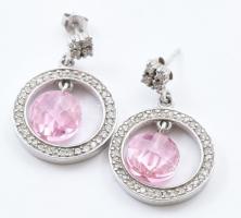 Ezüst(Ag) karikafülbevaló-pár rózsaszín kővel, jelzett, h: 3 cm, bruttó: 10,8 g