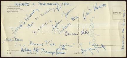 1966 A Pince színház színművészei által aláírt képeslap: Darvas Péter,. Koltay Ági, Mayer Ferenc és mások alíárása