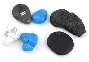 6 db ásvány: Tektit, lávakő, magnezit (kék, fehér), howlit, tűzkő, 3-7 cm