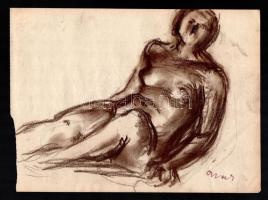 Gráber Margit (1896-1993): Fekvő női akt. Szén, papír, jelezve jobbra lent. Lap bal széle kissé sérült. 24×33 cm.