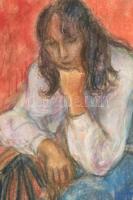 Gráber Margit (1896-1993): Gondolkodó lány, 1982. Pasztell, papír, jelzett, kartonra kasírozva. 61×4...