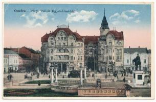 Nagyvárad, Oradea; Egyesülési tér, villamos, Fekete Sas szálloda / Piata Unirii / square, tram, hotel (EK)