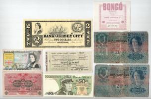 8db-os vegyes magyar és külföldi bankjegy, valamint sorsjegy és replika bankjegy tétel, közte Amerikai Egyesült Államok / Jersey / Jersey City 1865. 2$ hátoldalán jelzett gyűjtői másolat T:AU-VG közte szép papír, az egyik ragasztott