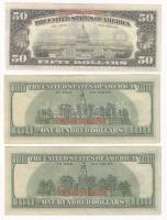 DN "Színházi kellék" feliratú 50$ és 100$ (3db/2xklf) bankjegy másolat T:AU,XF
