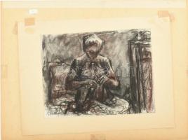 Gráber Margit (1896-1993): Varrónő, 1956. Kréta, szén, papír, jelezve balra lent, lap teteje papírra kasírozva, papír teteje kartonra ragasztva. Karton hátoldalán autográf felirattal. Papír hátoldalán 1990 előtti MNG kiviteli és Vámhivatali pecséttel. 24×32 cm.