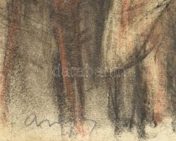 Gráber Margit (1896-1993): Festő állvány előtt. Kréta, szén, papír, jelezve balra lent. 43×35,5 cm