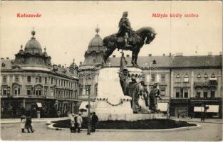 Kolozsvár, Cluj; Mátyás király szobra, Erdélyi Bank. Lepage Lajos kiadása / statue, monument, bank