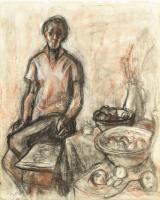 Gráber Margit (1896-1993): Gyümölcsös asztalnál. Kréta, szén, papír, jelezve balra lent. 43×35,5 cm.