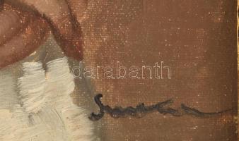 Olvashatatlan jelzéssel: Lányka. Olaj, vászon, kartonra kasírozva, kissé sérült. 35x44 cm. Sérült, d...