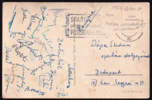 1954 Faragó, Dalnoki, Mátrai, Várhidi, Machos, Bédi, Rajna, Dávid, Orosz stb. aláírása a Dózsa Stadion címére küldött képeslapon