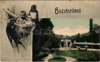 1913 Buziásfürdő, Baile Buzias; forrás. Szecessziós montázs fecskékkel és kisbabákkal. Francz József kiadása / spring. Art Nouveau montage with swallows and babies (EK)