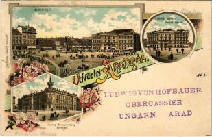 1897 (Vorläufer) Arad, Szabadság tér, színház épület délről nézve, József (Jószag) Kormányzóság palotája / square, theatre, Governing palace. Ottmar Zieher Art Nouveau, floral, litho (EK)