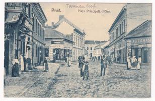 Brád, Brad; Piata Principala / Fő tér, Abraham és Stojkovits üzlete. Gedő Manó fényképész felvétele / main square, shops (EK)