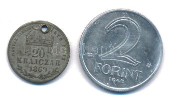 1869KB 20kr Ag Magyar Királyi Váltó Pénz (átfúrt) + 1946. 2Ft Al (anyaghiba) T:VF