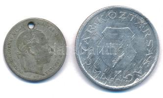 1869KB 20kr Ag "Magyar Királyi Váltó Pénz" (átfúrt) + 1946. 2Ft Al (anyaghiba) T:VF