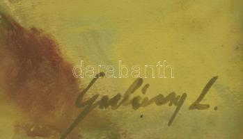 Gulácsy L jelzéssel: Sétálók. Vegyes technika, karton. Üvegezett, dekoratív fa keretben. 40x30 cm