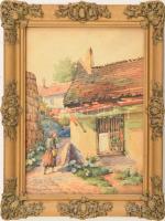 Tibai Takács János (1876-1943): Tabán, Holdvilág utca. Akvarell, papír. Jelzett. Kissé foltos. Üvegezett, dekoratív, kissé sérült fakeretben. 32x24 cm