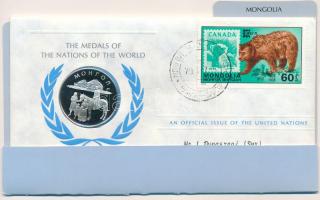 ENSZ 1979. A Világ nemzeteinek emlékérmei - Mongólia Ag emlékérem megcímzett érmés borítékon elsőnapi bélyegzős bélyeggel, hátoldali tanúsítvánnyal, ismertetővel (~12g/0.925/32mm) T:PP United Nations 1979. The Medals of the Nations of the World - Mongolia Ag commemorative medallion in envelope with first day of issue stamp and certificate (~12g/0.925/32mm) C:PP