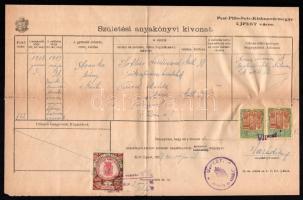 1927 Születési anyakönyvi kivonat újpesti okmánybélyeggel, ragasztott