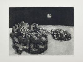 Hibó Tamás (1947-1991): XXI sz., 1980. Rézkarc, papír, jelzett, számozott (5/100), 30×39,5 cm
