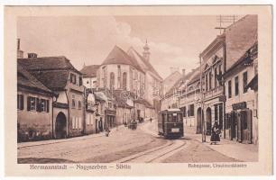 Nagyszeben, Hermannstadt, Sibiu; Vasút utca, templom, villamos, A. Fenig és Manuel N. Salamon üzlete. Emil Fischer, Jos. Drotleff / Bahngasse, Ursulinenkloster / street, tram, church, shops