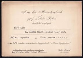 1940 A m. kir. miniszterelnök és gróf Teleki Pálné meghívója délutáni teára, Zambra Alajos (1886- 1947) műfordító, jogász, irodalomtörténész, egyetemi tanár részére. 13×19 cm