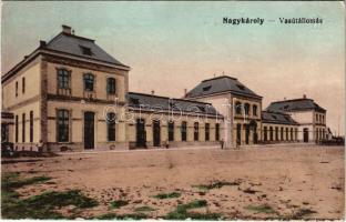 1915 Nagykároly, Carei; vasútállomás. Vasúti levelezőlapárusítás 1168. / Bahnhof / railway station + "Militär-Sanitätspflege Fürst Schwarzenberg Spitalzug Nr. 35"