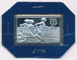 Amerikai Egyesült Államok 1980. 15c Futás Ag olimpiai bélyegérem (~12g/0.925/24,5x39,5mm) T:PP USA 1980. 15 Cents Track Ag olympic stamp medallion (~12g/0.925/24,5x39,5mm) C:PP