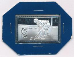 Amerikai Egyesült Államok 1980. 15c Jéghoki Ag olimpiai bélyegérem (~12g/0.925/24,5x39,5mm) T:PP USA 1980. 15 Cents Ice Hockey Ag olympic stamp medallion (~12g/0.925/24,5x39,5mm) C:PP