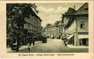 Nagyszeben, Hermannstadt, Sibiu; Strada Regina Maria / Königin Maria-Gasse / Mária királyné utca, villamos, üzletek / street view, tram, shops