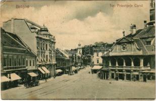 1928 Brassó, Kronstadt, Brasov; Strada Principele Carol / utca, városháza, Borbély Antal üzlete / street view, town hall, shops (lyuk / pinhole)
