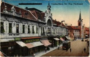 1925 Nagyvárad, Oradea; Str. Reg. Ferdinand / Ferdinánd király útja, villamos, Barabás és Társa, Klein Géza és Ödön, Újhelyi Róza üzlete / street view, tram, shops (szakadások / tears)