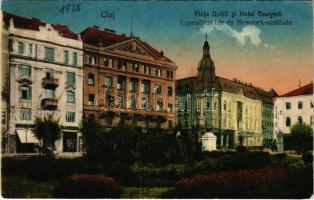 1928 Kolozsvár, Cluj; Piata Unirii si Hotel Newyork / Egyesülési tér, New York szálloda, üzletek / square, hotel, shops (EK)