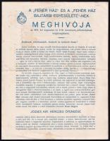 1927 Bp., A Hehér-Ház és a Fehér-Ház Bajtársi Egyesületének meghívója az 1919. évi események évfordulójának megünneplésére, postázva, hajtott, kissé foltos, 2 számozatlan oldal, 21x17 cm