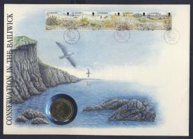 Guernsey 1990. 50P érmés borítékon elsőnapi bélyegzős bélyegcsíkkal, hátoldali ismertetővel T:BU