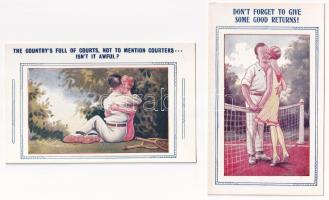 Tennis Comic - 5 db régi amerikai tenisz humor képeslap / 5 pre-1945 American sport postcards