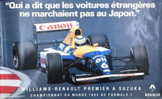 1992 Williams-Renault premier, Suzuka, Forma-1, plakát, feltekerve, apró lapszéli szakadásokkal, 63x98 cm