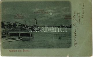 1899 (Vorläufer) Sulina, Palatul Comisiunei Europeene, Portul vedere pariala, Ateliere Mecanice / port at night (EK)