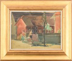 Vecsési Sándor (1930-2015): Szélső házak. Akvarell, papír, jelzett. Dekoratív, üvegezett fakeretben, 25×35 cm