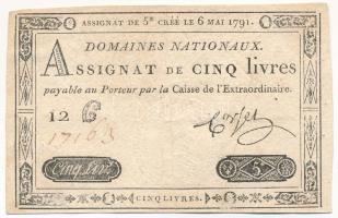 Franciaország 1791. 5L "Assignata" T:F tűlyukak France 1791. 5 Livres "Assignata" C:F pin holes Krause P#A42