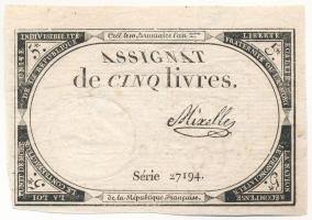 Franciaország 1793. 5L Assignata T:F France 1793. 5 Livres Assignata C:F Krause P#A76