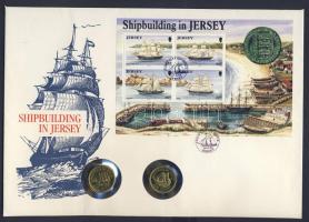 Jersey 1991. 1Ł + 1992. 1Ł (aranyozva) érmés borítékon elsőnapi bélyegzős bélyegblokkal, hátoldali ismertetővel T:1