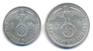 Német Harmadik Birodalom 1937A 2M Ag "Hindenburg" + 1937A 5M Ag "Hindenburg" T:X...