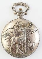 Ezüstözött Henry Castignac mechanikus, szarvasos zsebóra, működik, m: 46 mm