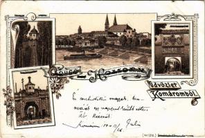 1899 (Vorläufer) Komárom, Komárno; Kőszűz, Régi és új várkapu / rock statue, old and new castle gates. Art Nouveau, floral, litho (kis szakadások / small tears)