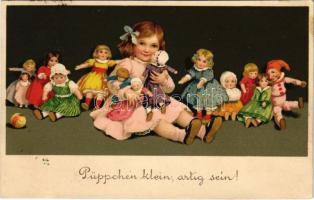 1914 Püppchen klein, artig sein! / Kislány babákkal / Girl with dolls. Meissner & Buch Künstler-Postkarten Serie 2000. Puppenmütterchen litho