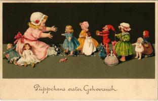 1914 Püppchens erster Gehversuch / Kislány babákkal / Girl with dolls. Meissner & Buch Künstler-Postkarten Serie 2000. Puppenmütterchen litho (EK)