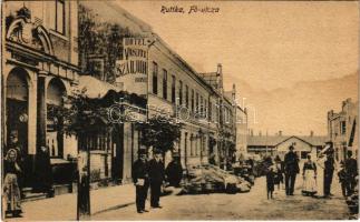 Ruttka, Vrútky; Fő utca, Vasúti szálloda, piac. Vasúti levelezőlapárusítás 21. sz. 1918. / main street, railway hotel, market (fl)