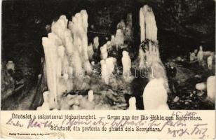 1905 Aranyosfői-jégbarlang, Aranyosfő, Gyeszár, Szkerisóra, Pestera Scarisoara; Üdvözlet a szkerisórai jégbarlangból. Csiky Testvérek kiadása / Gruss aus der Eis-Höhle von Szkerisora / Salutare din pesteria de ghiata dela Scerisóara / ice cave, interior (szakadás / tear)