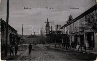 1906 Resicabánya, Resicza, Recita, Resita; Fő utca, templom, üzletek. Braumüller L. kiadása / Hauptgasse / main street, church, shops (EK)